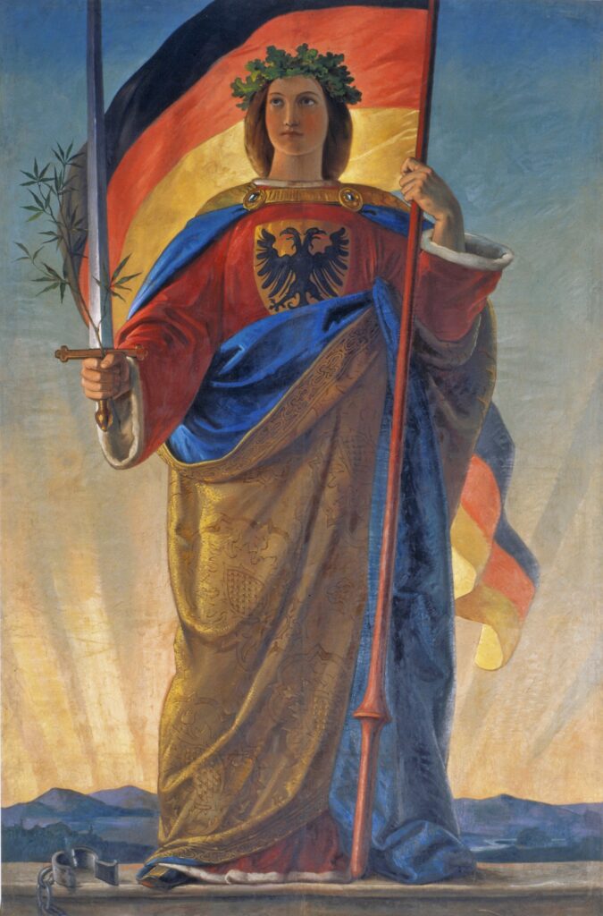 Germania in rotem Gewand mit blauem Umhang und Eichenkranz hält Schwert und Reichsbanner. Hinter ihr sind Himmel, Landschaft und die Farben Schwarz-Rot-Gold zu sehen.
